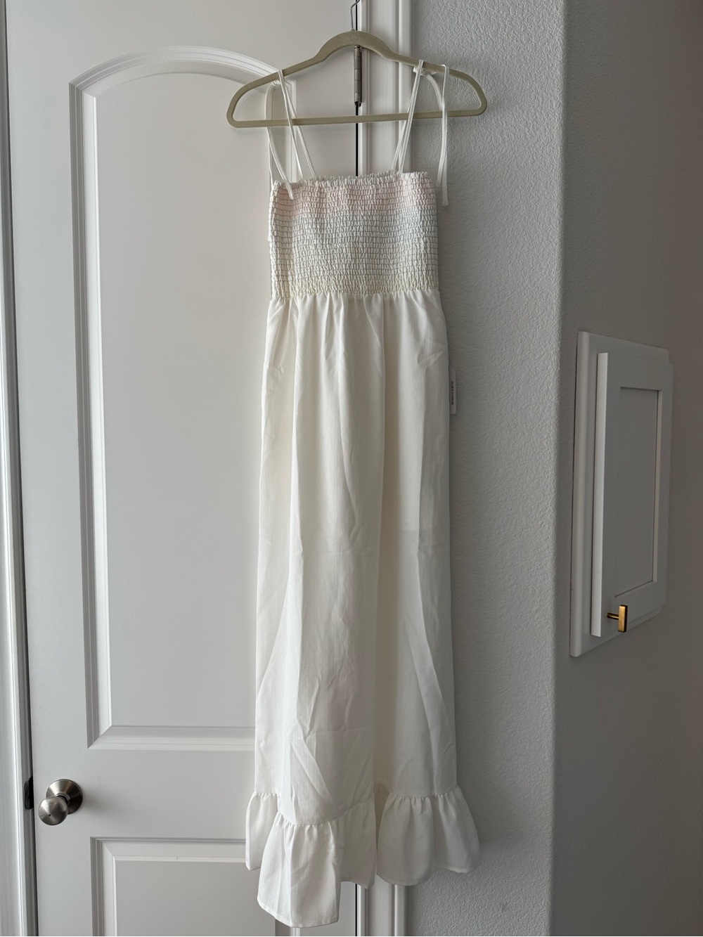 NWT White Smocked Maxi Dress with Ruffle Hem and Colorful Stitching